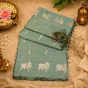 Sage Green Silk Saree with Silver Bull Motifs, Tassel Edge & Woven Border