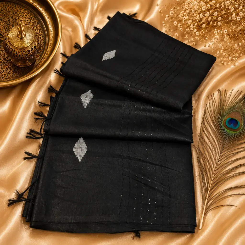 Elegant Black Cotton Silk Saree with Silver Buta Motifs & Tassel Border