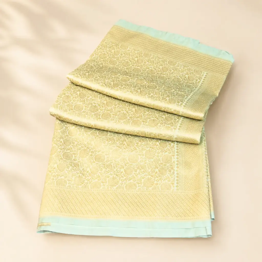 Mint Cream Gold Banarasi Style Saree with Floral Zari Weave