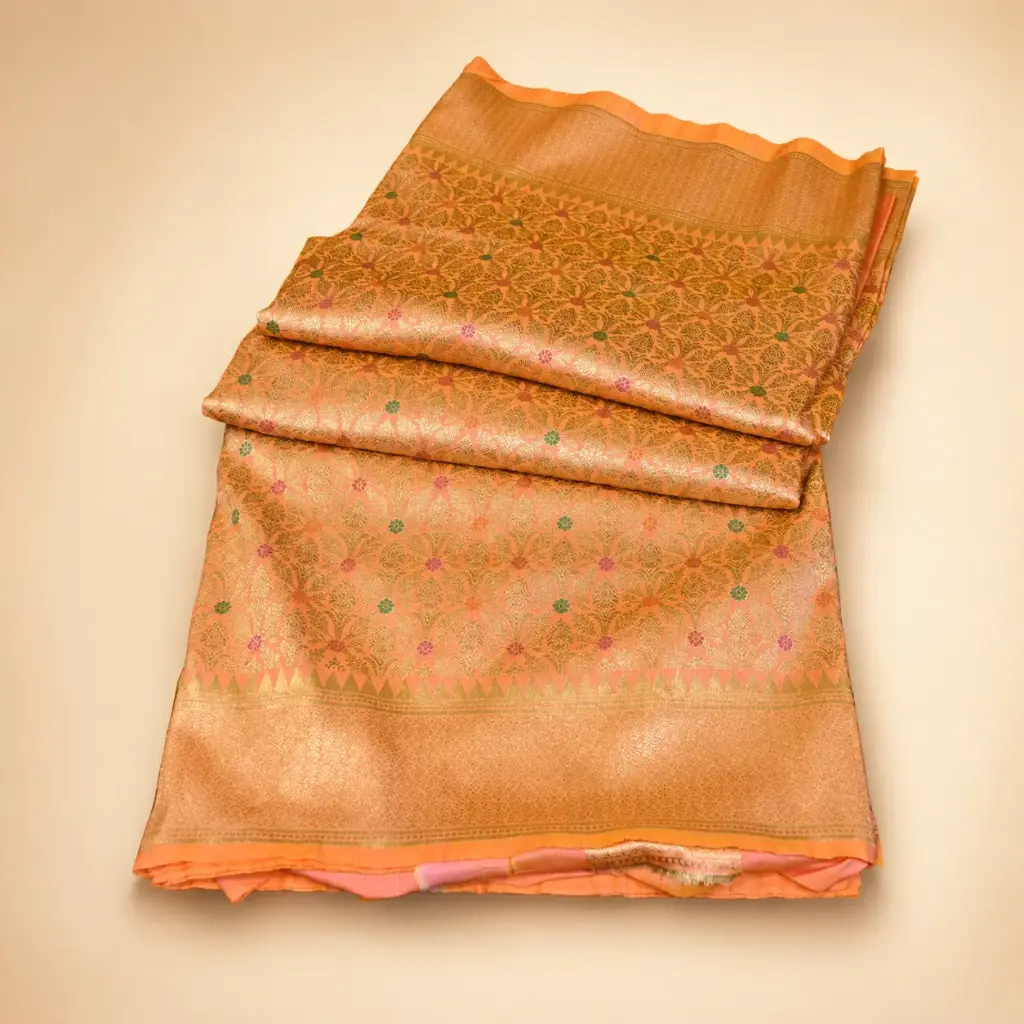 Orange Gold Banarasi Style Saree with Floral Zari Weave Festive Wedding Party Wear Women Ethnic Look 
