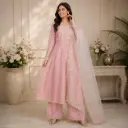 Women's Baby Pink Embroidered Anarkali Kurta Pant Set with Heavy Sequin Work & Organza Dupatta