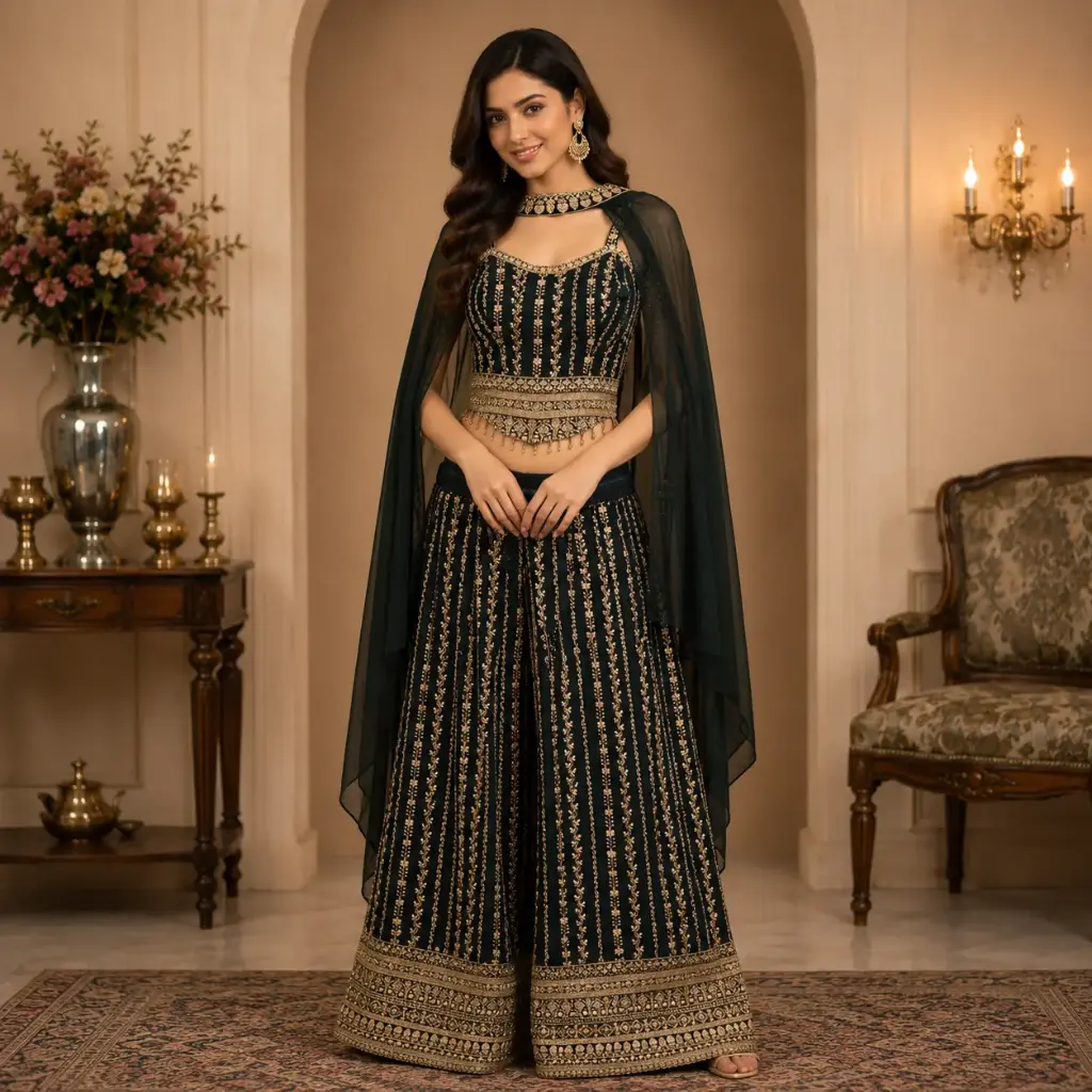Women’s Black Embroidered Palazzo Set with Cape Dupatta, Designer Crop Top