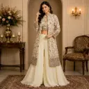 Women's Ivory Floral Printed Jacket Style Crop Top & Palazzo Set