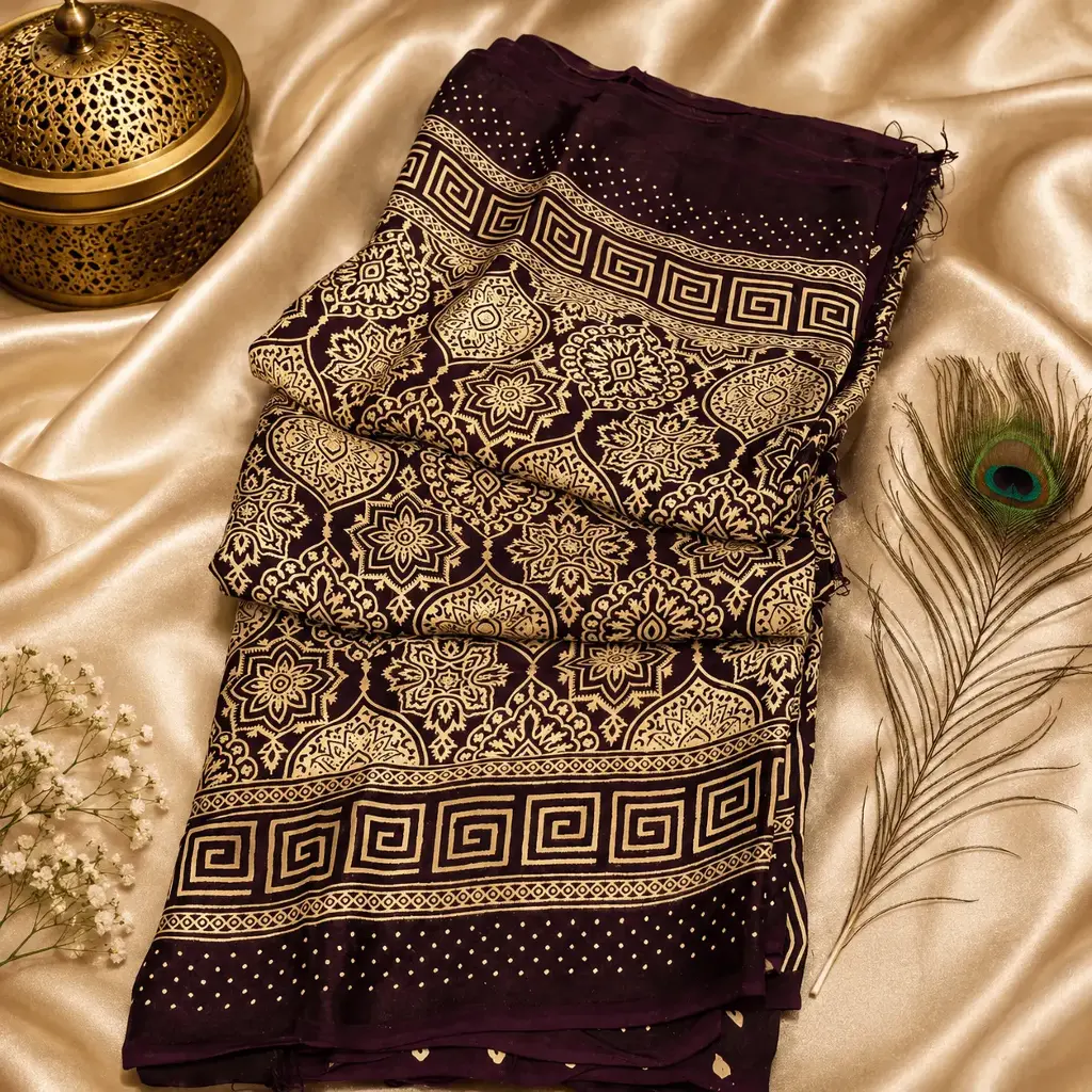 Deep Purple Floral Printed Cotton Silk Saree with Greek Key Border