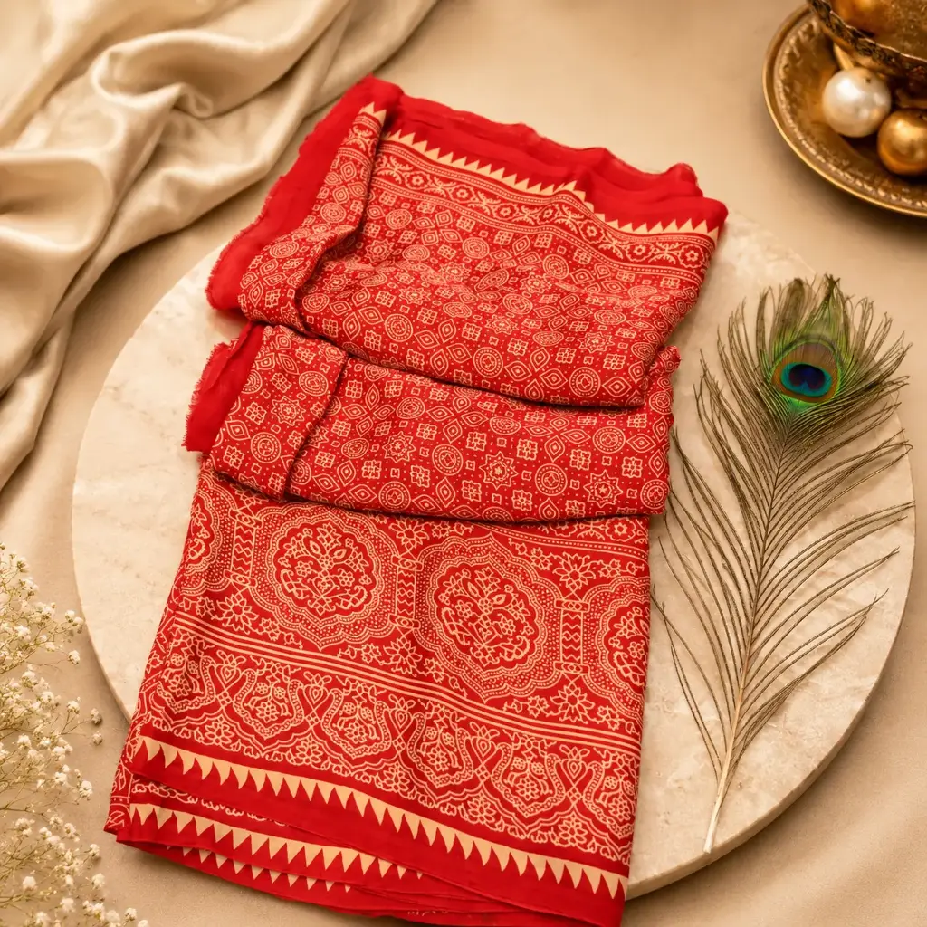 Women's Red White Tribal Printed Saree