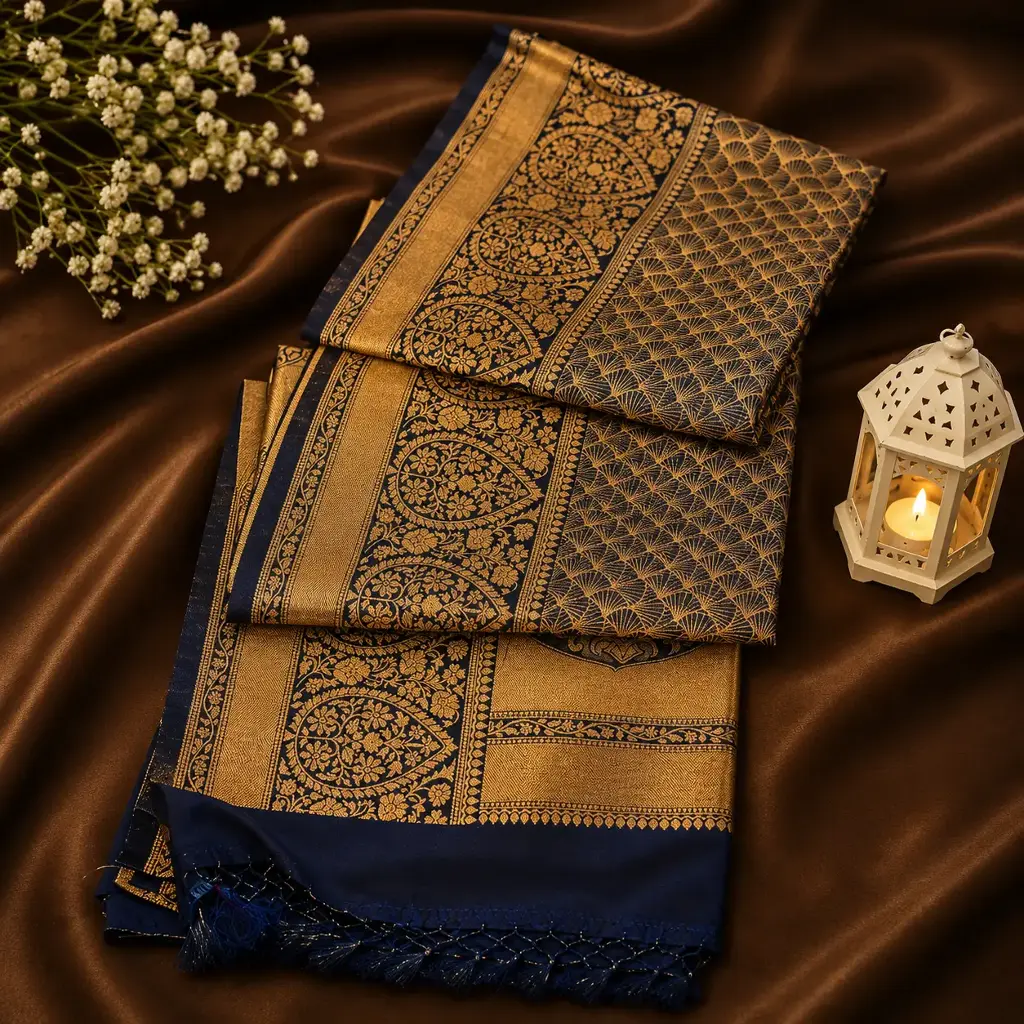 Navy Blue Banarasi Silk Saree with Rich Gold Zari Woven Border