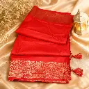 Elegant Ruby Red Banarasi Silk Saree with Gold Zari Border & Tassel Pallu