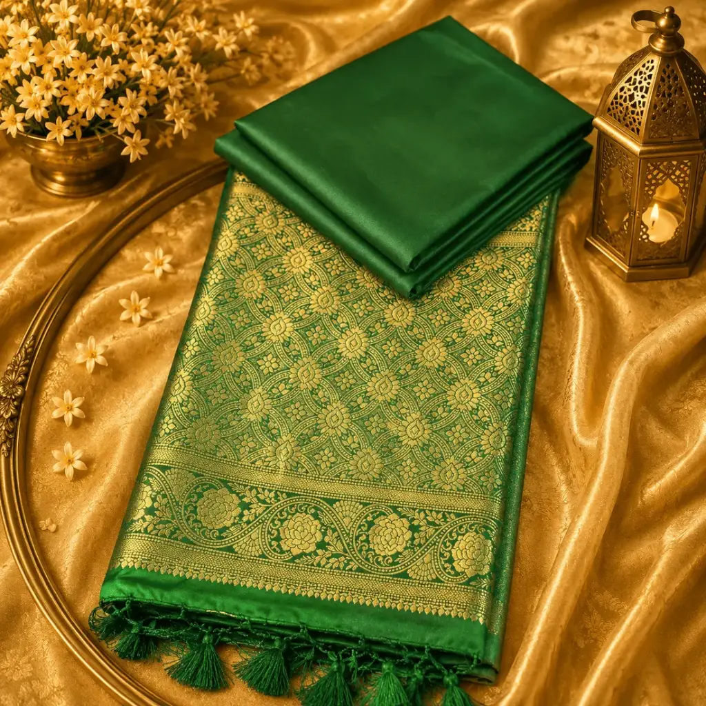 Emerald Green Banarasi Silk Saree with Rich Gold Zari Woven Border & Traditional Party Wear Design 