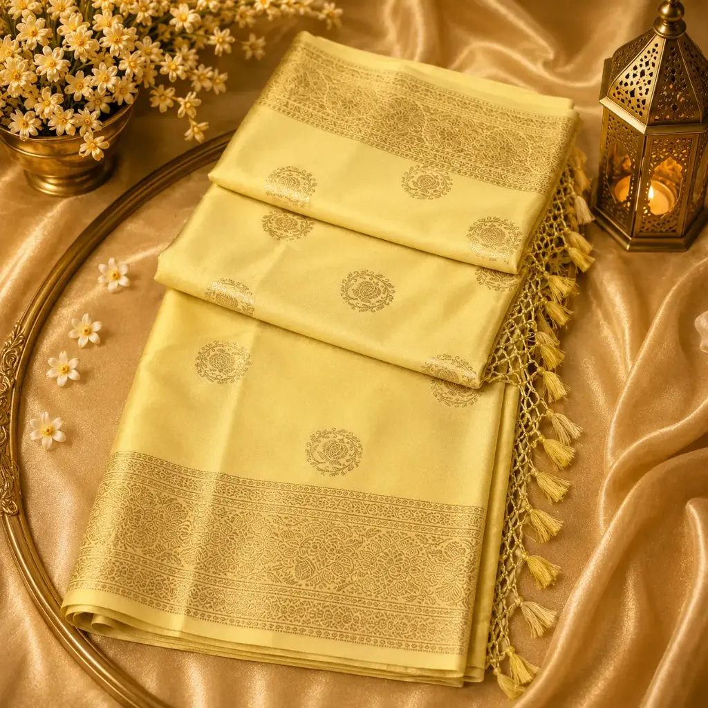 Elegant Golden Beige Banarasi Silk Blend Saree with Rich Zari Border & Tassel Pallu for Women 