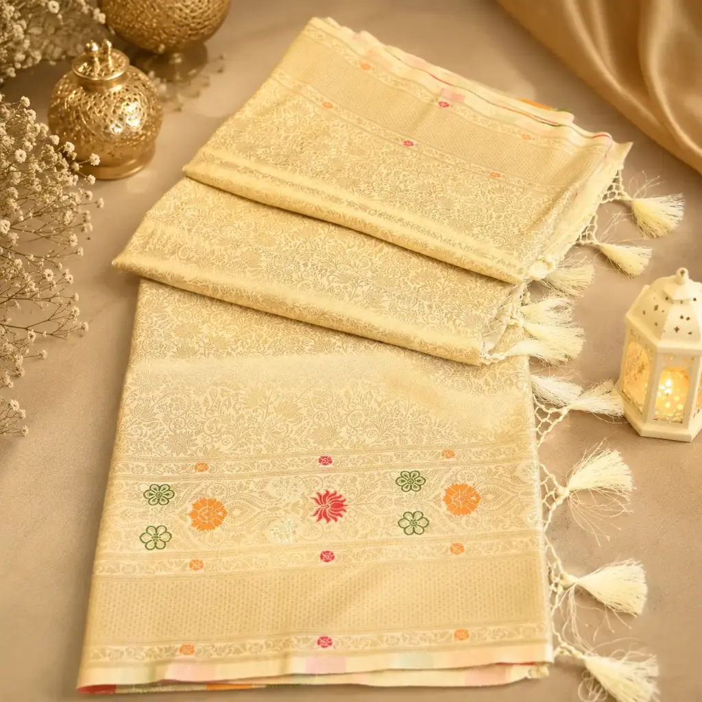Elegant Cream Banarasi Silk Saree with Multicolor Floral Weave & Tassel Pallu