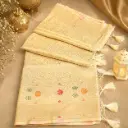 Elegant Cream Banarasi Silk Saree with Multicolor Floral Weave & Tassel Pallu