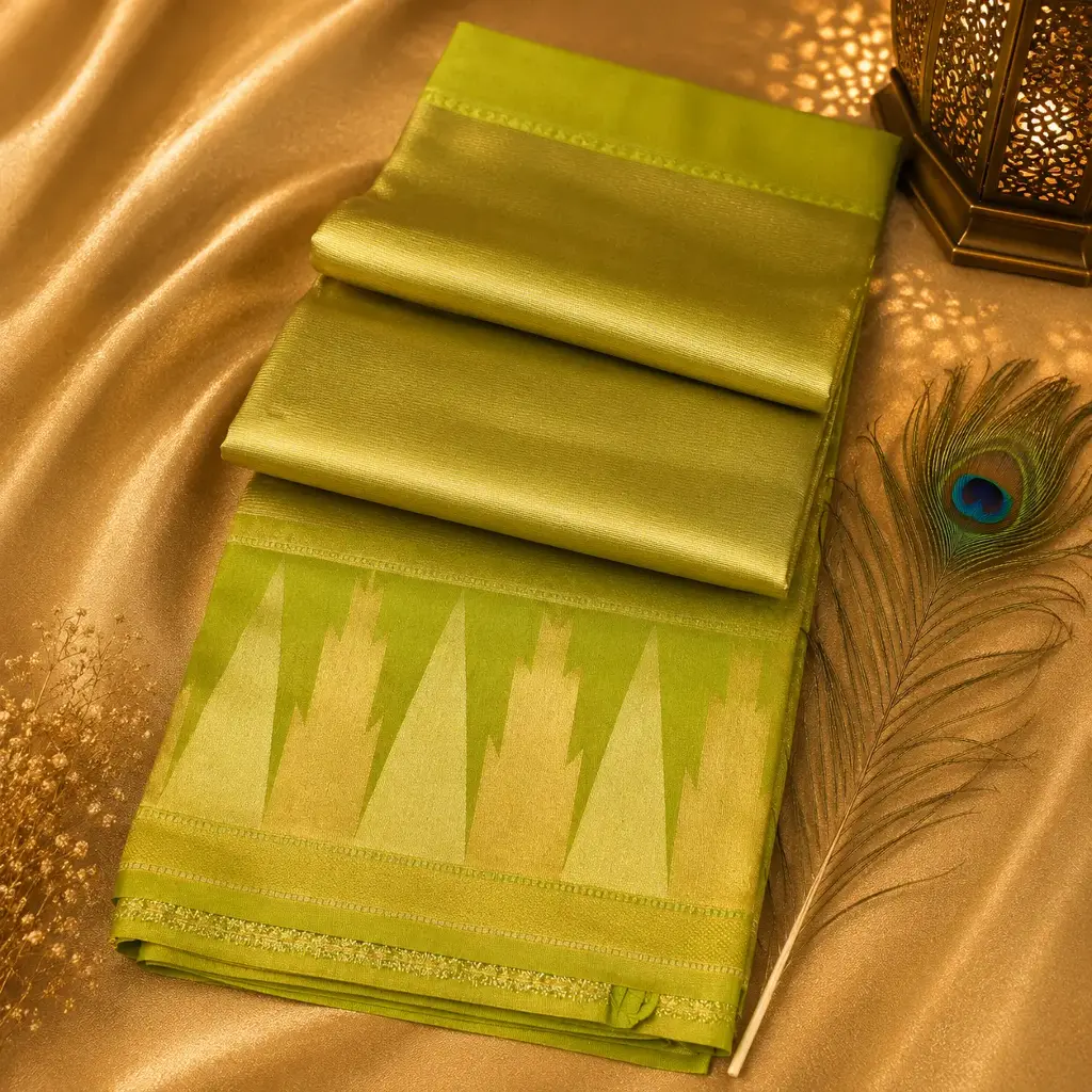 Lime Green Soft Silk Saree with Gold Zari Body & Geometric Pallu Border 