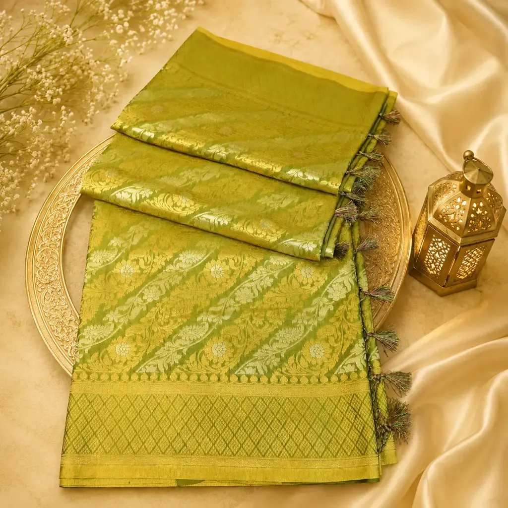 Olive Green Banarasi Silk Saree with Gold Zari Floral Weave & Elegant Tassel Pallu