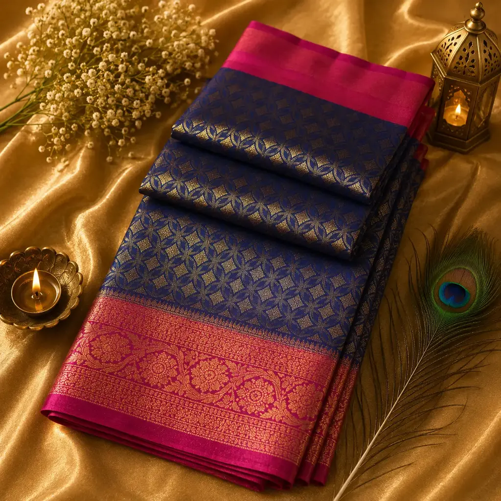 Royal Blue Banarasi Silk Saree with Pink Border & Gold Zari Weaving