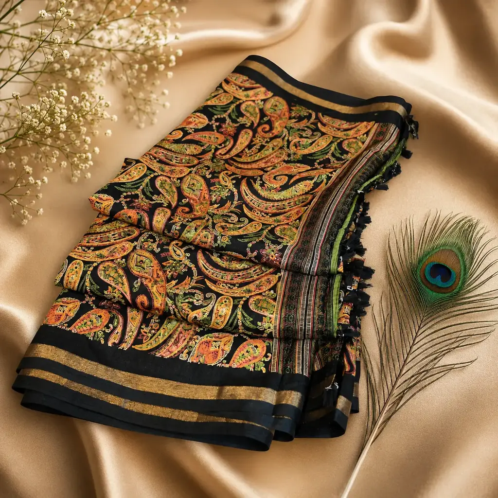 Elegant Black Paisley Cotton Saree with Multicolor Print & Golden Zari Border