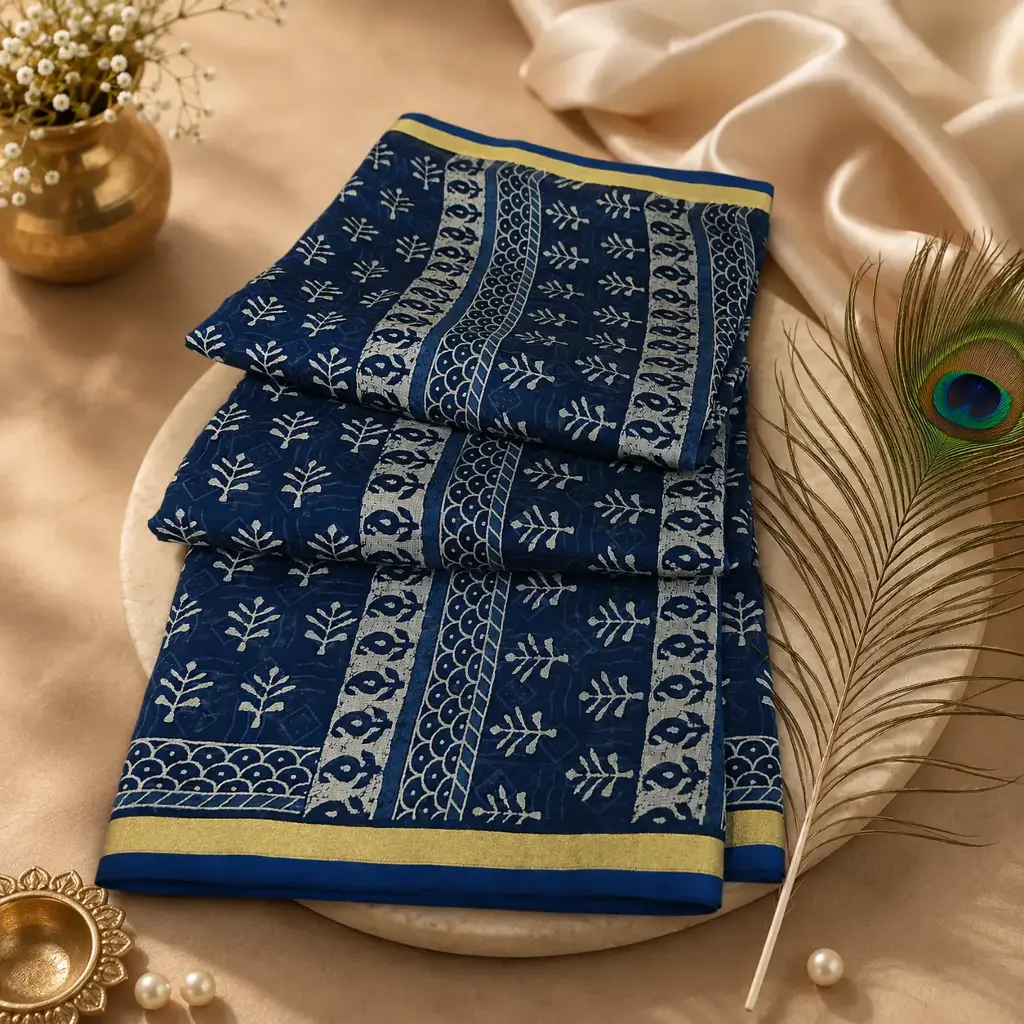 Elegant Navy Blue Cotton Saree with Hand Block Print Design & Golden Border