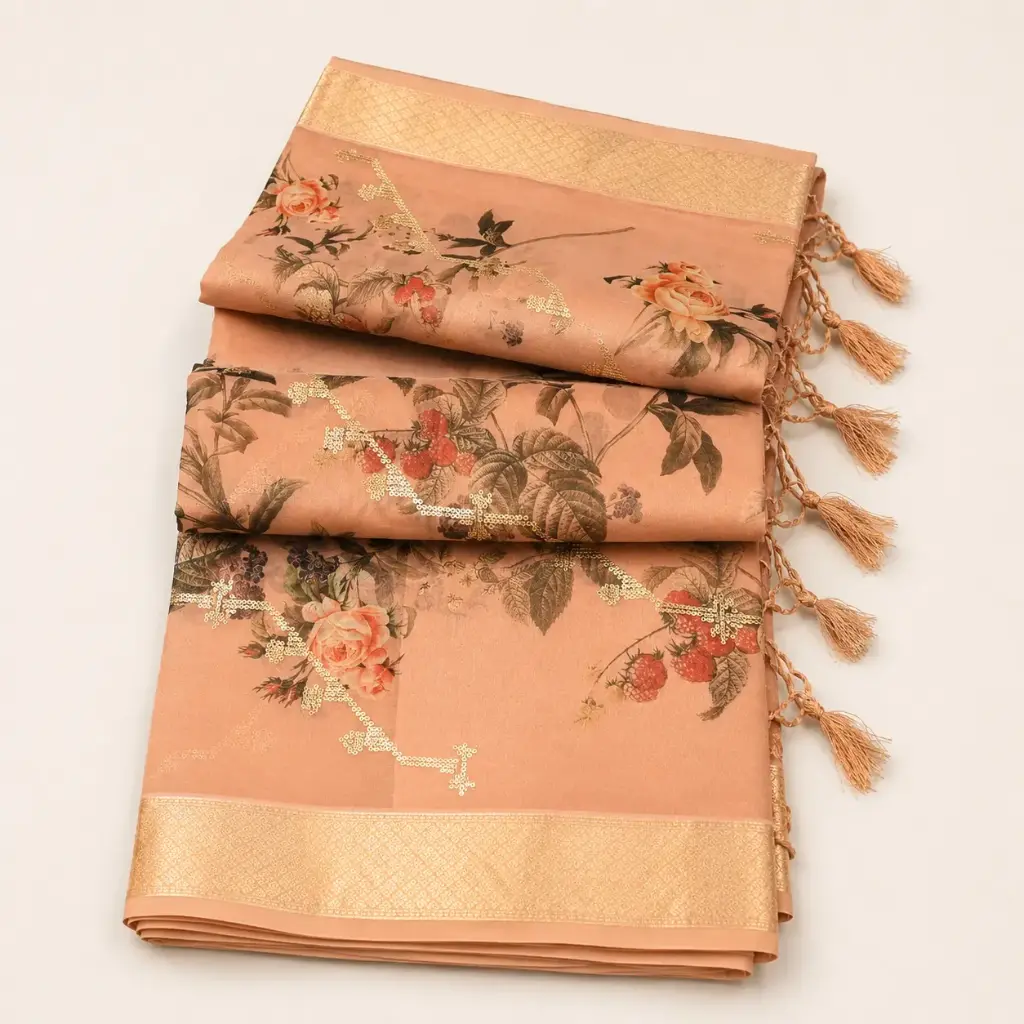 Peach Floral Printed Saree with Gold Zari Border, Sequin Work and Tassel Pallu 