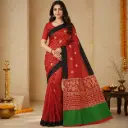 Red Silk Saree with Black Border, Gold Floral Buti, Green Pallu and Plain Blouse