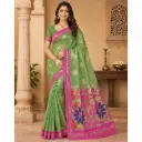 Green Floral Woven Saree for Women with Pink Zari Border
