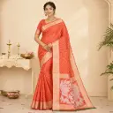 Orange Jacquard Saree with Gold Zari Border, Floral Pallu and Plain Blouse