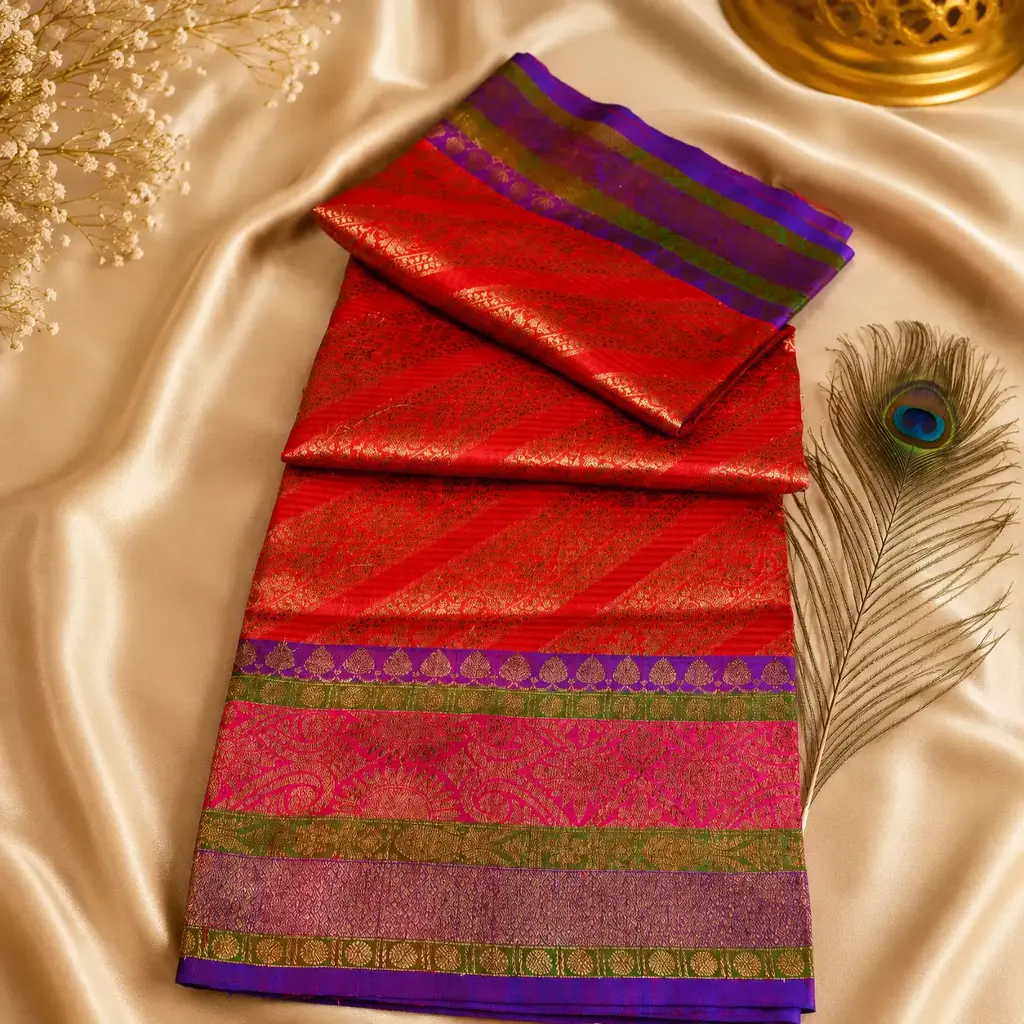Elegant Red Banarasi Silk Saree with Purple Border & Gold Zari Weaving