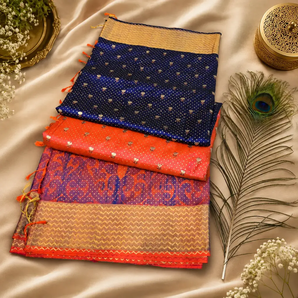 Royal Navy Blue Banarasi Silk Saree with Coral Orange Contrast Border