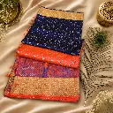 Royal Navy Blue Banarasi Silk Saree with Coral Orange Contrast Border