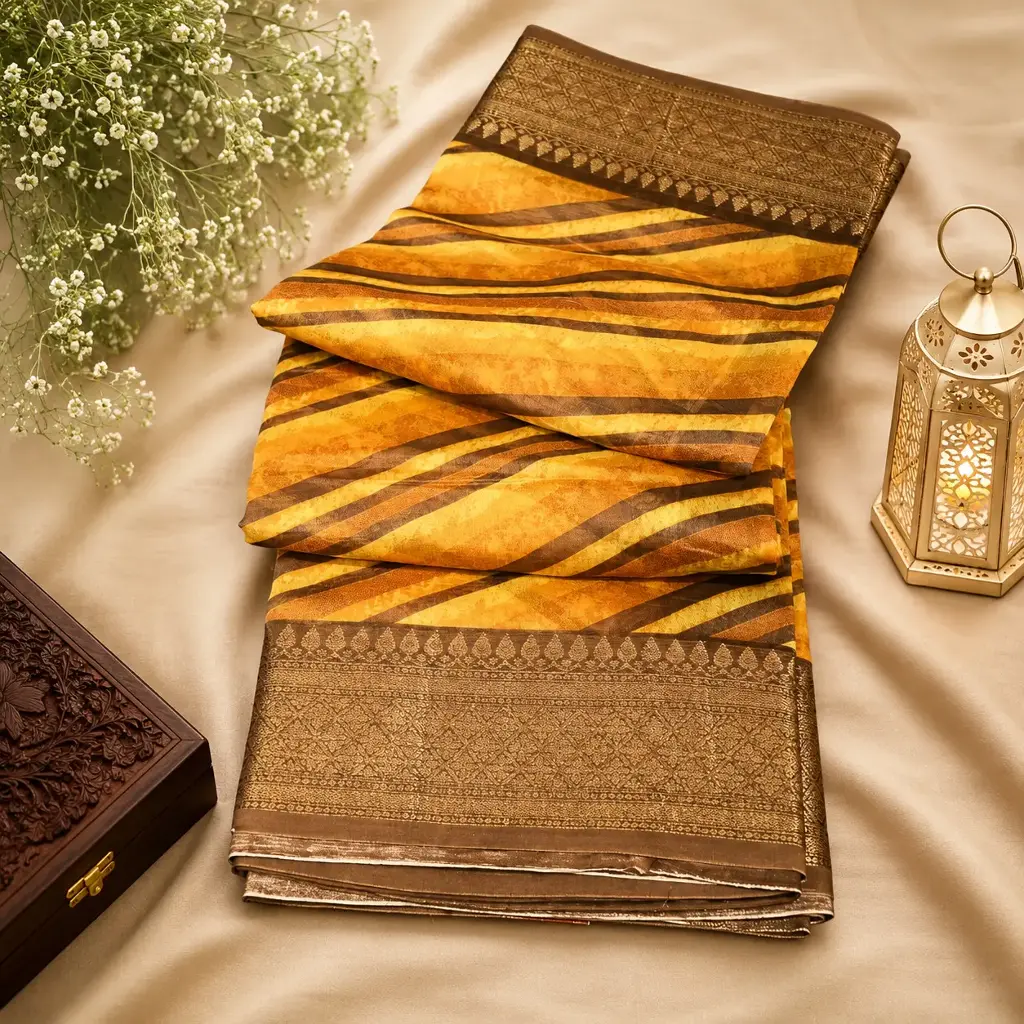 Golden Mustard Abstract Printed Cotton Silk Saree with Rich Brown Zari Border