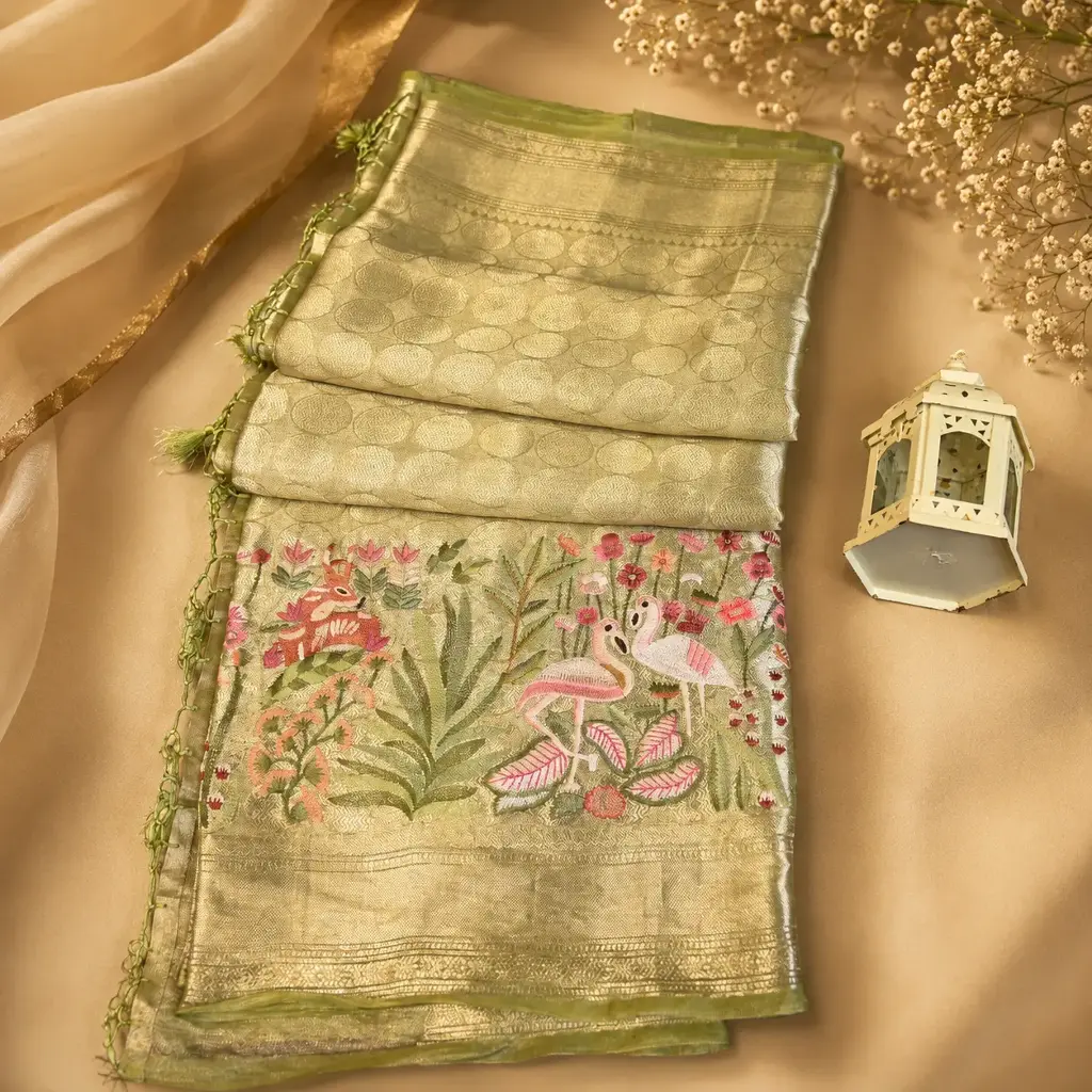 Premium Olive Gold Banarasi Silk Saree with Handwoven Bird Motif Pallu & Rich Zari Border