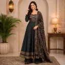 Women's Black Embroidered Anarkali Kurta Set with Straight Pants & Printed Dupatta