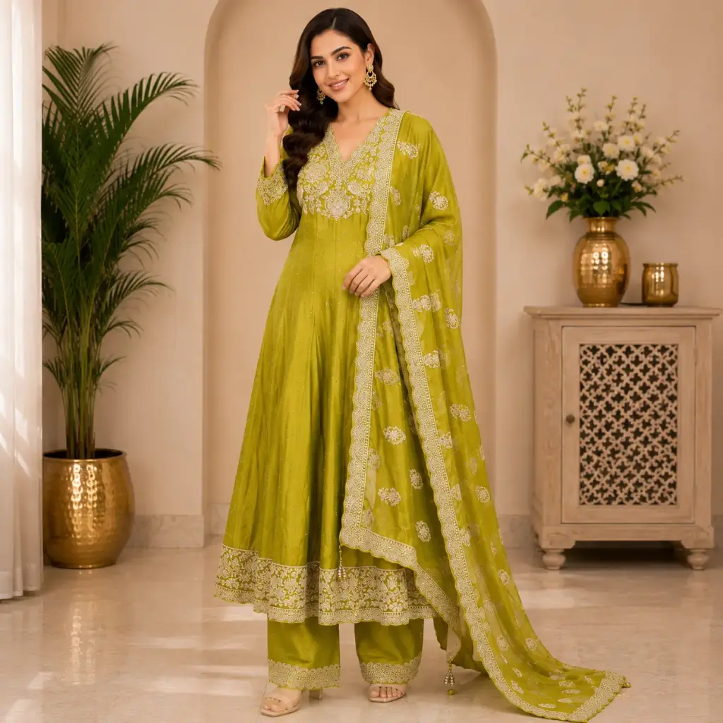Women's Olive Green Embroidered Anarkali Kurta Set with Straight Pants & Dupatta