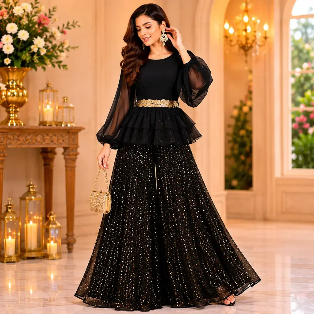 Elegant Black Sequins Palazzo Set for Women with Layered Peplum Top