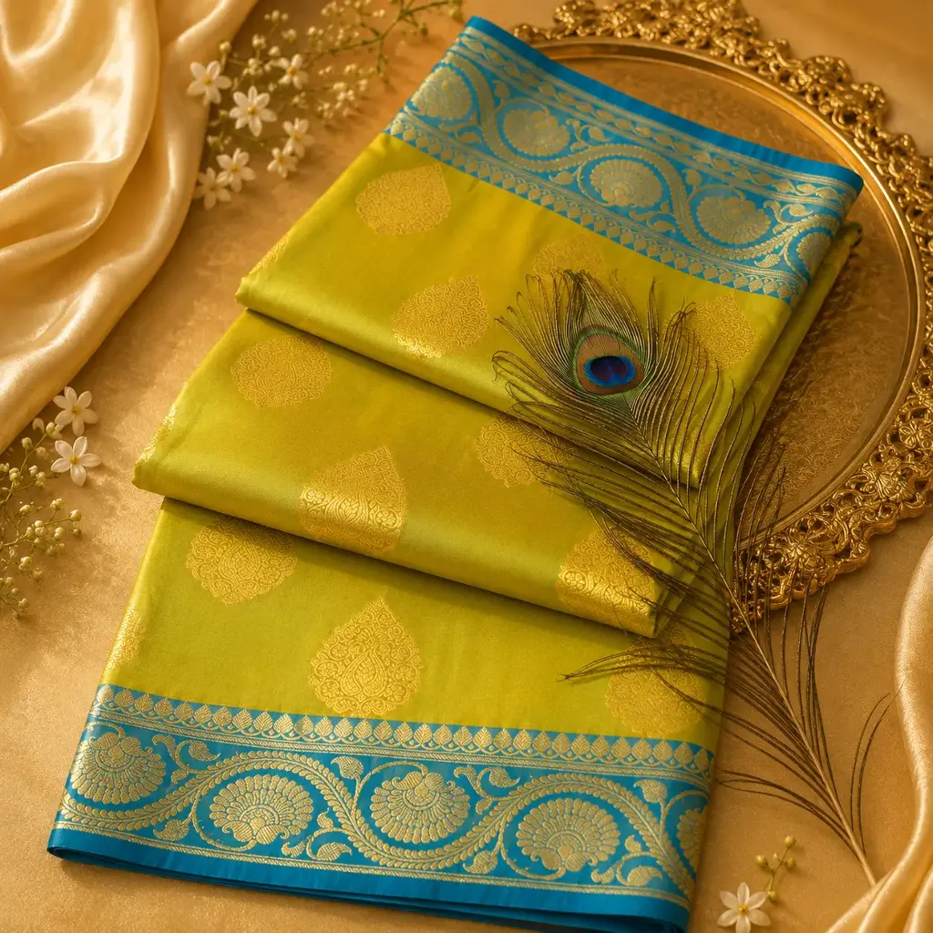 Elegant Lime Green Banarasi Silk Saree with Gold Zari Butis & Sky Blue Border