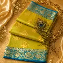 Elegant Lime Green Banarasi Silk Saree with Gold Zari Butis & Sky Blue Border