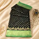 Black Silk Saree with Green Border, Gold Buti Work & Peacock Feather