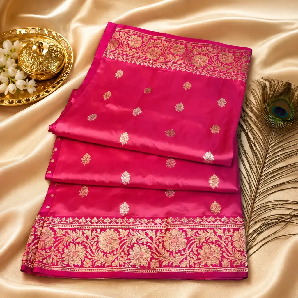 Elegant Rani Pink Banarasi Silk Saree with Gold Zari Floral Border