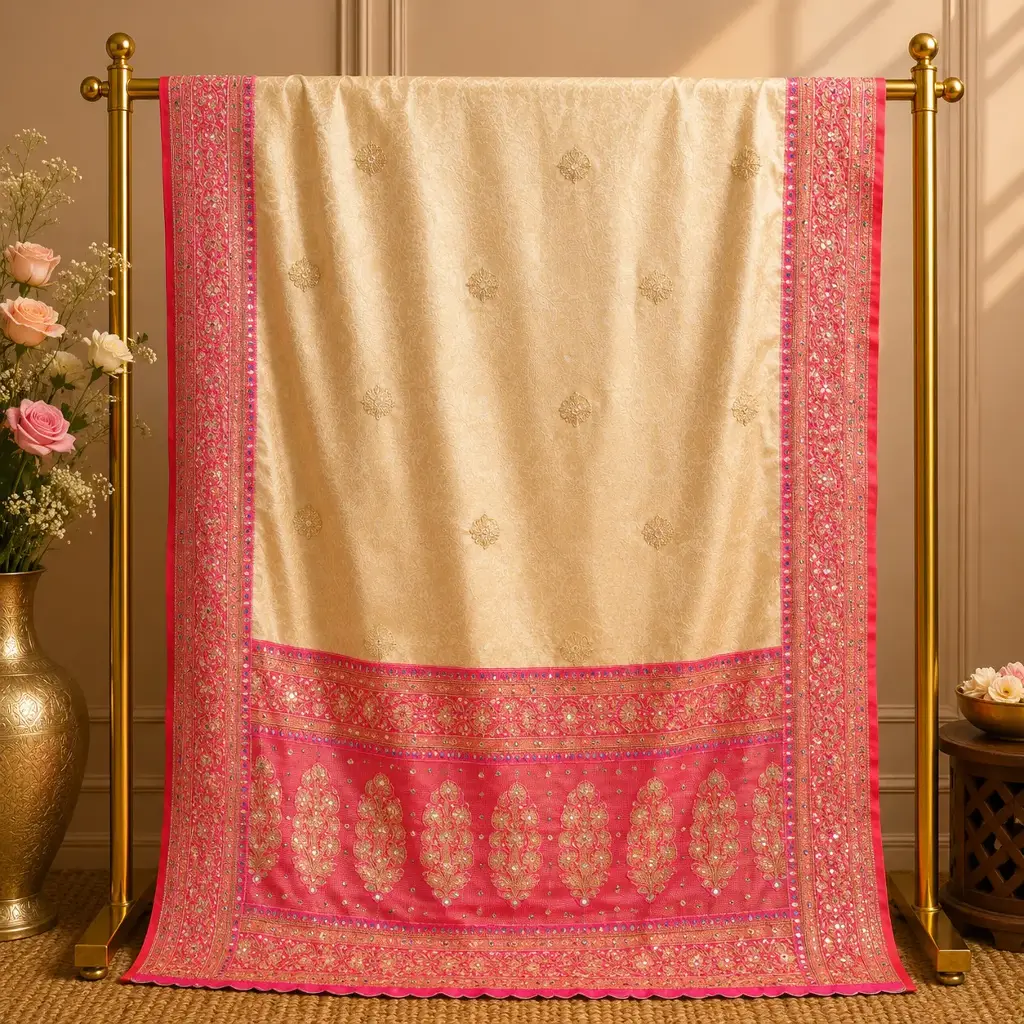 Ivory Gold Dupatta with Pink Embroidered Border and Paisley Panel
