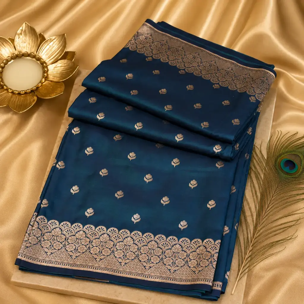 Elegant Teal Blue Banarasi Silk Saree with Silver Zari Buta & Floral Border