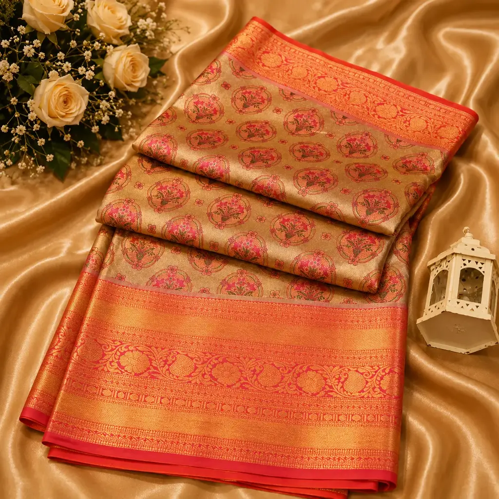 Golden Banarasi Silk Saree with Coral Pink Floral Motifs & Rich Zari Border