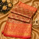 Golden Banarasi Silk Saree with Coral Pink Floral Motifs & Rich Zari Border