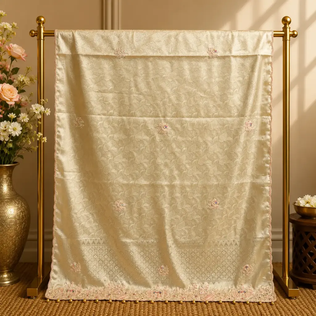 Sage Green Woven Dupatta with Pink Peacock Motifs and Embroidered Border