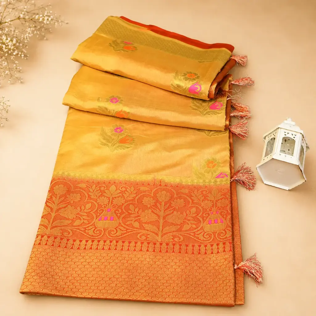 Mustard Gold Banarasi Style Saree with Orange Zari Border and Tassel Pallu