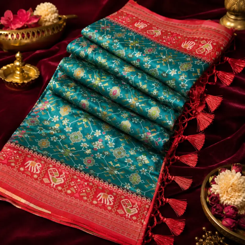 Teal Blue Patola Print Saree with Red Border & Tassels