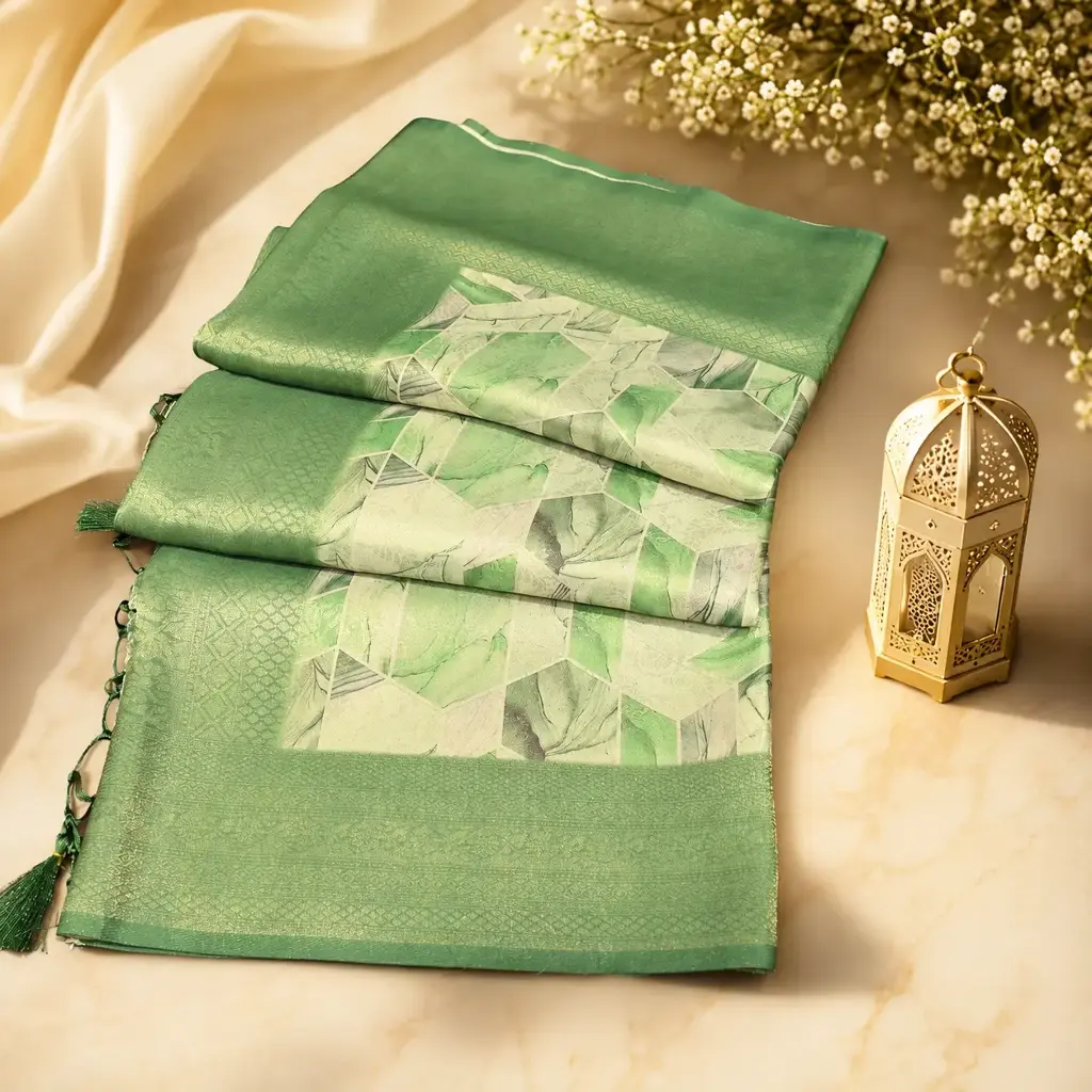 Light Green Banarasi Silk Saree with Geometric Print & Zari Border