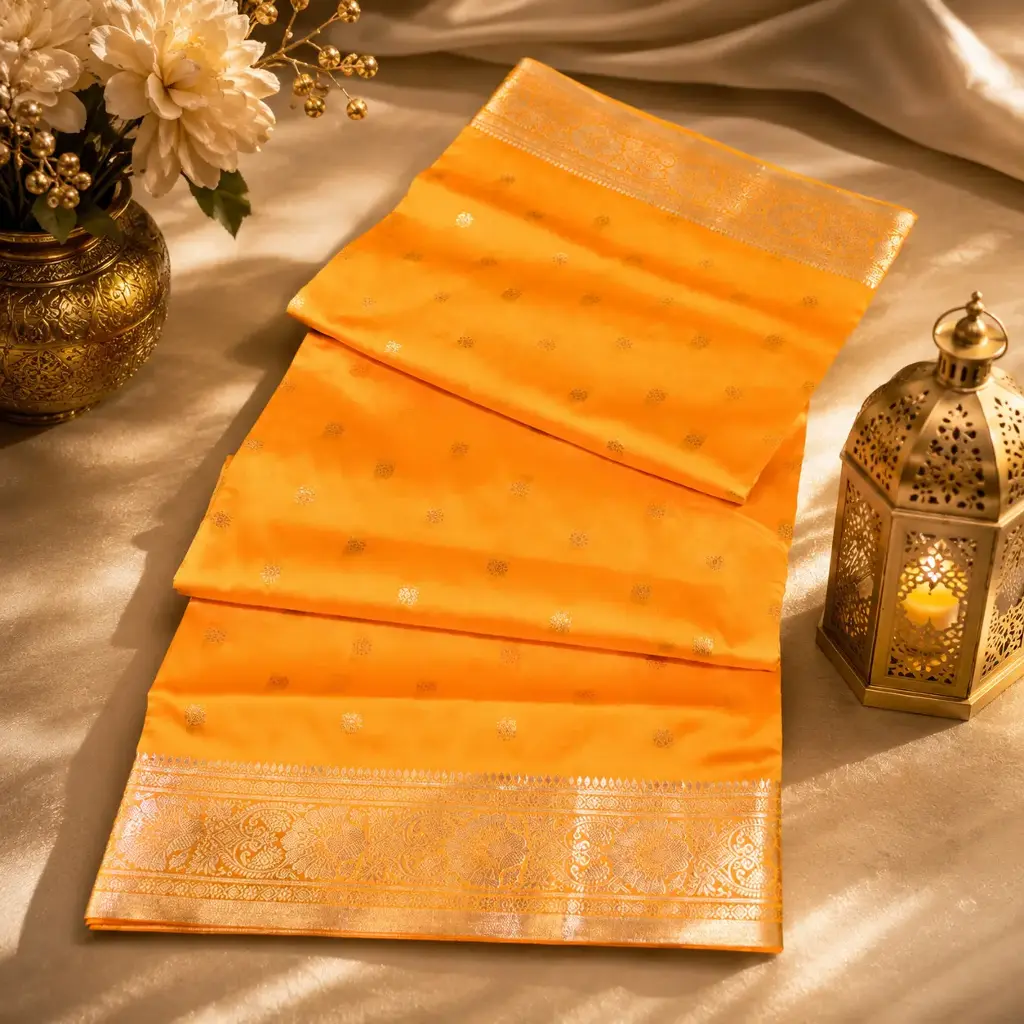 Golden Yellow Banarasi Silk Saree with Silver Zari Border