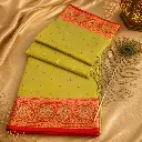 Pistachio Green Banarasi Silk Saree with Pink Zari Buti & Rich Floral Border