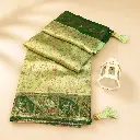 Light Green Banarasi Style Saree with Dark Green Floral Border and Tassel Pallu