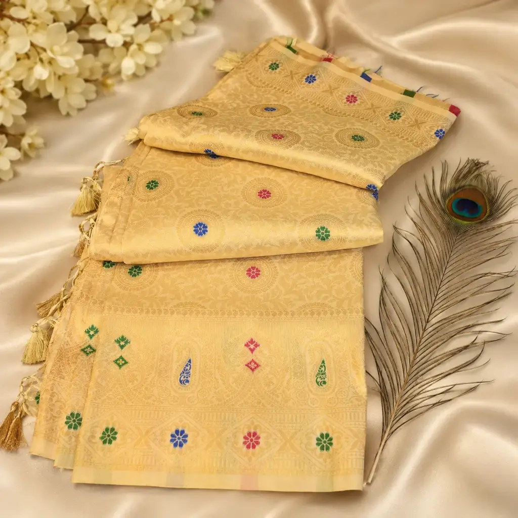 Cream Soft Silk Saree with Multicolor Buttas, Rich Woven Border & Tassel Pallu