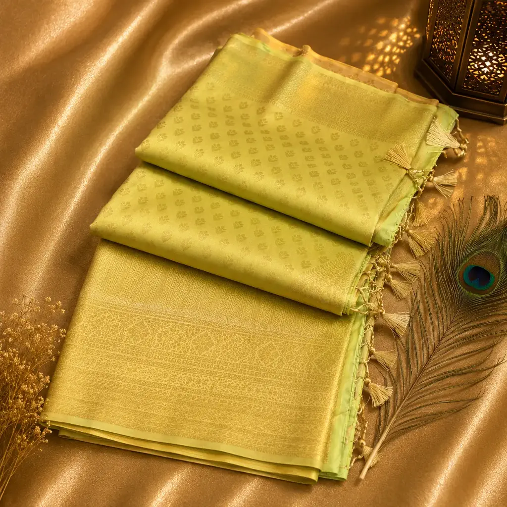 Pastel Lime Green Soft Silk Saree with Self Woven Buttas & Tassel Pallu