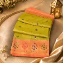 Olive Green Banarasi Silk Saree with Peach Zari Border & Multicolor Floral Butta Traditional Wear 